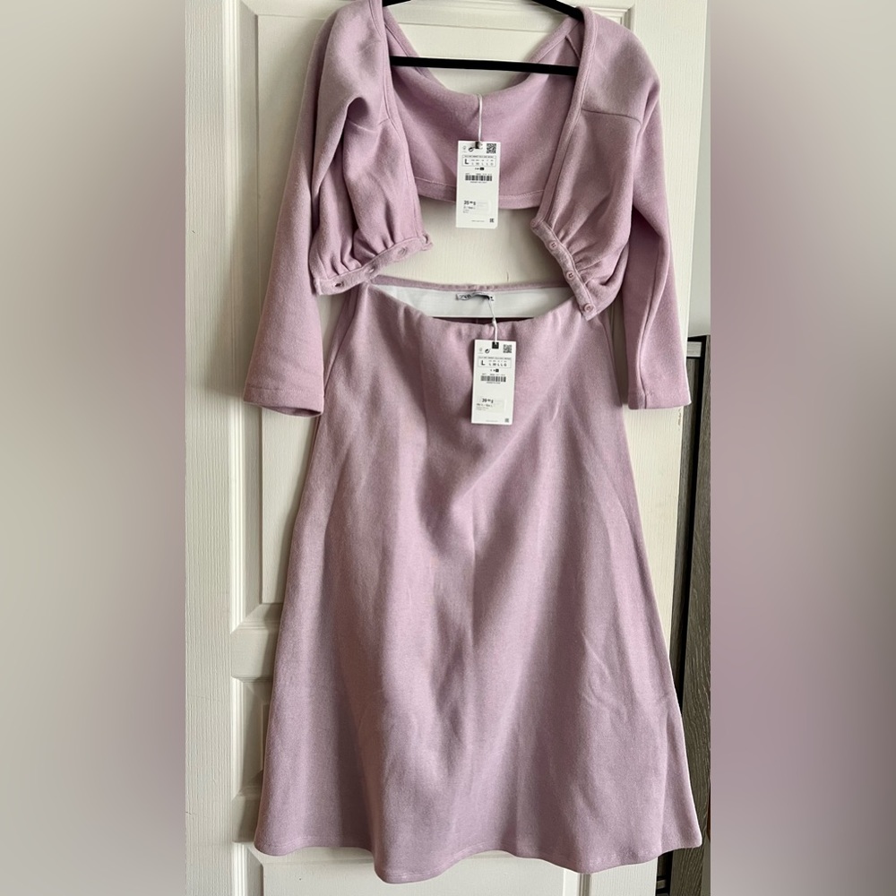 Zara crop off the shoulder cardigan with midi A line skirt SET